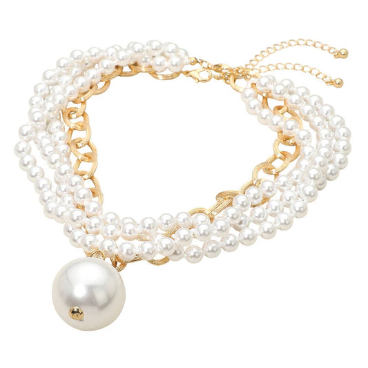2PCS - Chunky Pearl Pendant Layered Pearl Beaded Strand Necklaces: White