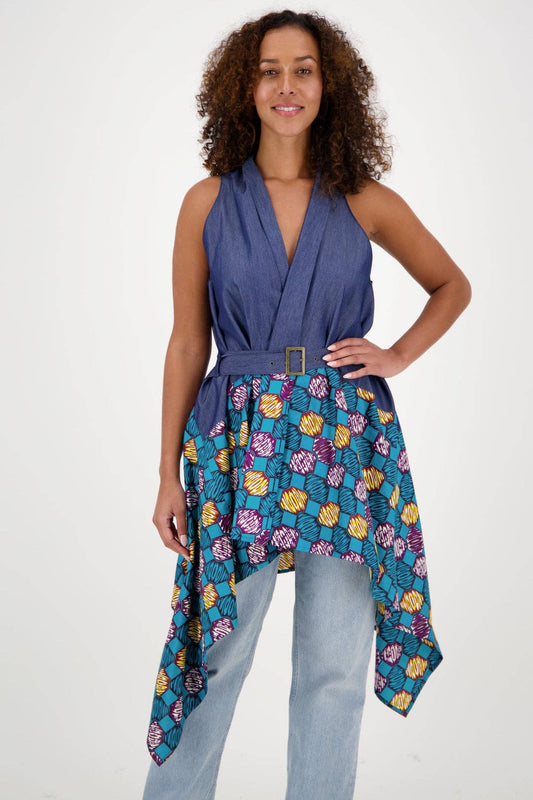 Denim/Ankara Print Cardigan 2195-409: 409