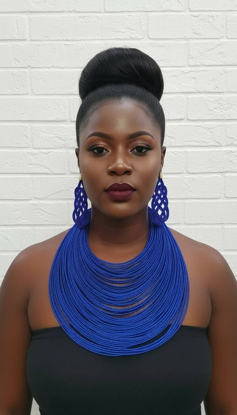 Rope Layered Necklace & Earrings Set Royal Blue: Royal blue
