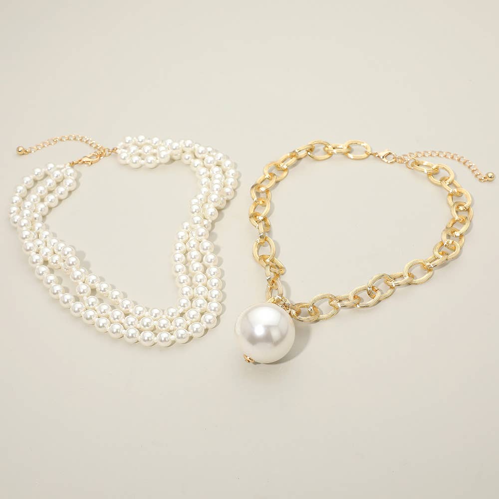 2PCS - Chunky Pearl Pendant Layered Pearl Beaded Strand Necklaces: White
