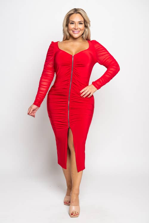 PLUS SIZE MESH SLEEVE ZIP FRONT DRESS