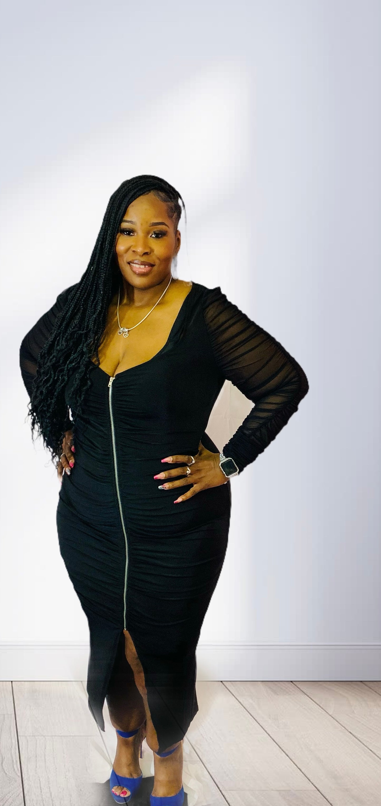 PLUS SIZE MESH SLEEVE ZIP FRONT DRESS