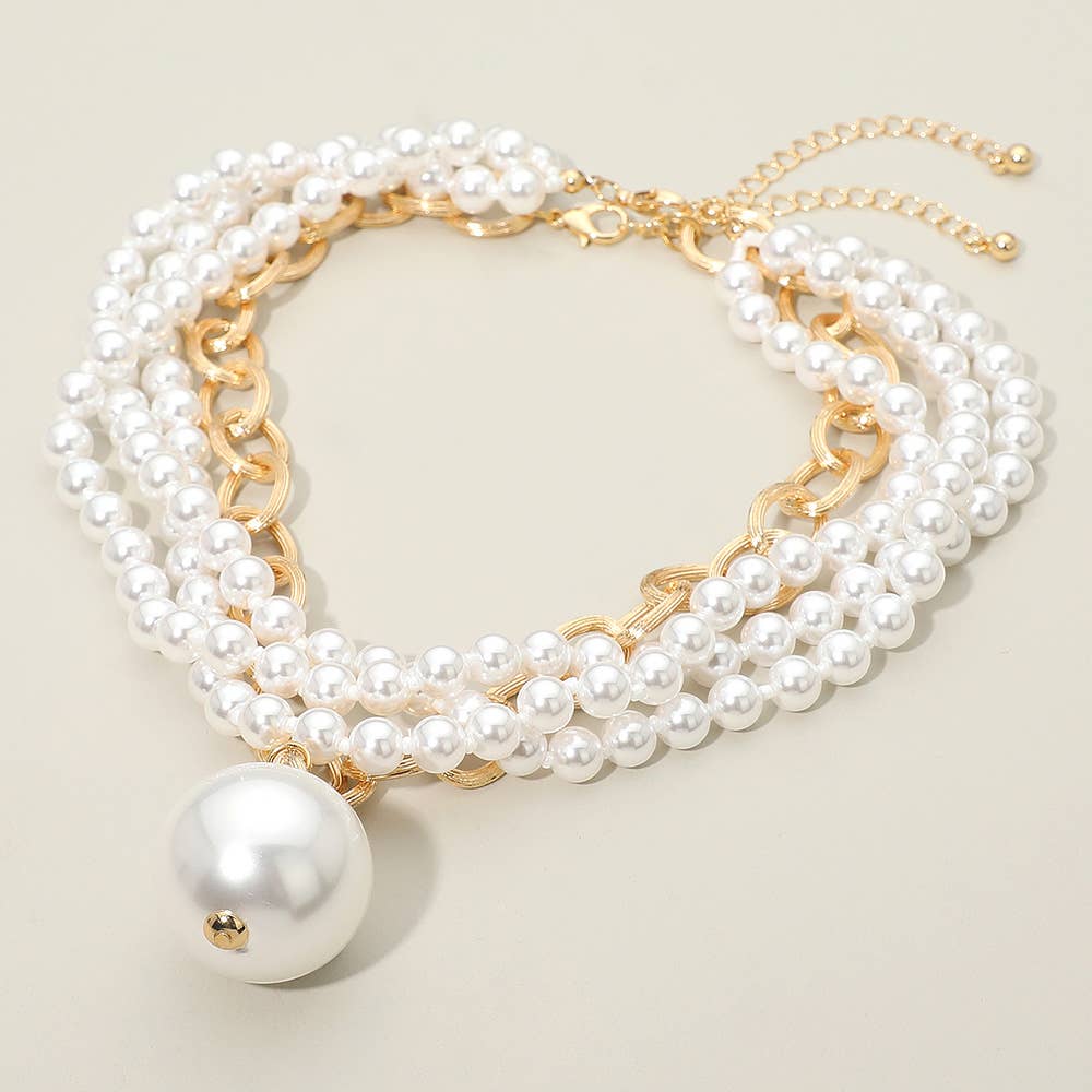 2PCS - Chunky Pearl Pendant Layered Pearl Beaded Strand Necklaces: White