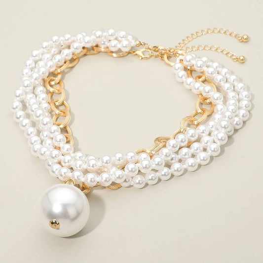 2PCS - Chunky Pearl Pendant Layered Pearl Beaded Strand Necklaces: White