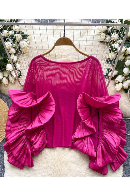Ruffle Sleeve Statement Blouse: RED / One Size