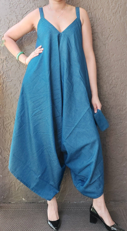 Harem Romper/Spagetti Straps/ Blue Denim - 212