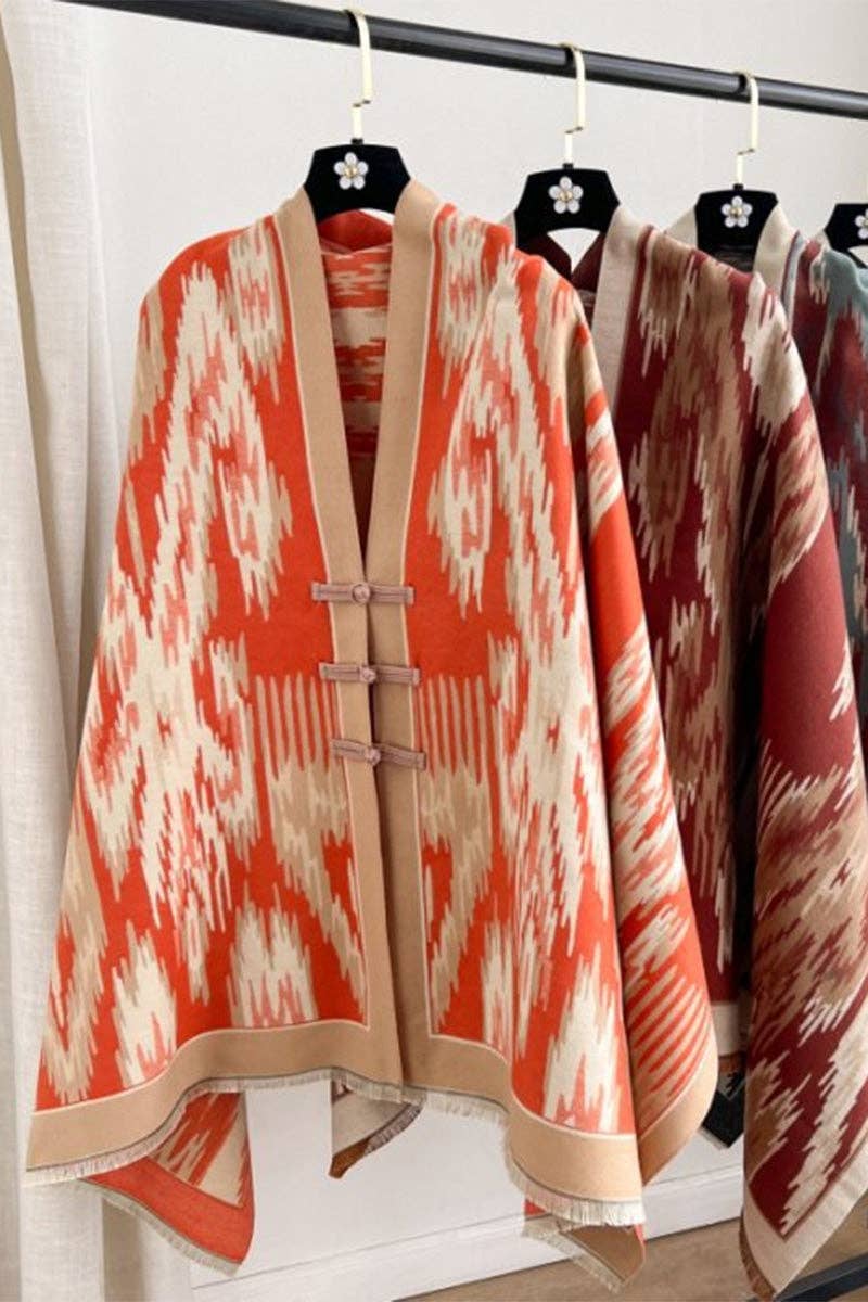 Print Toggle Front Cape Cardigan: WINE / One Size