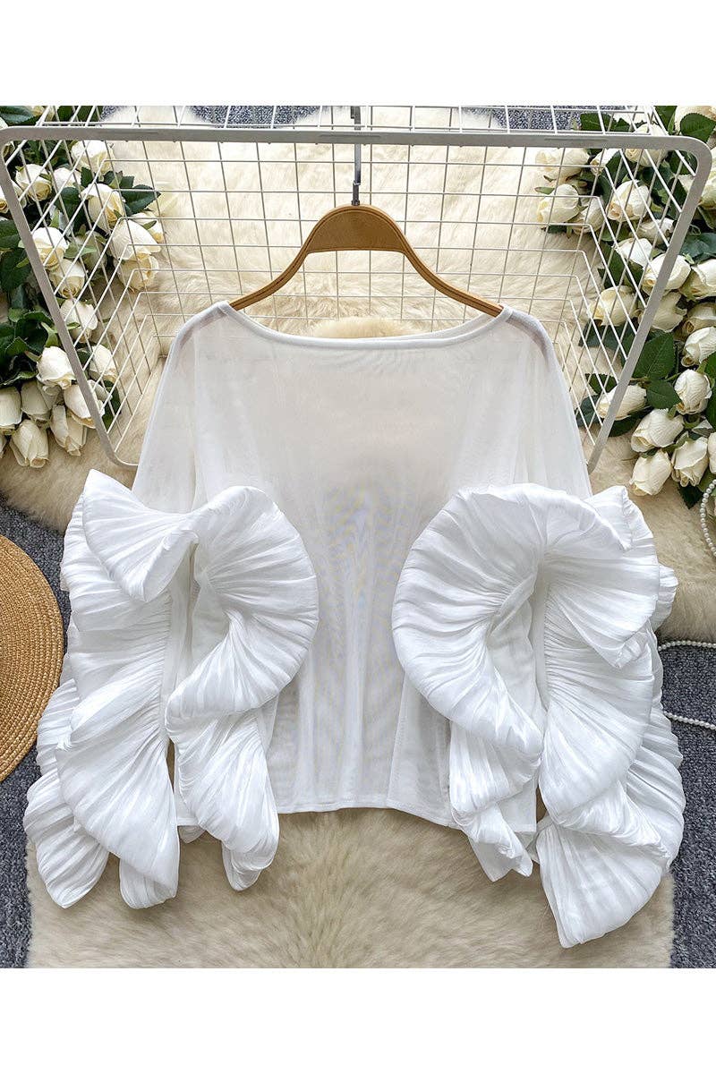 Ruffle Sleeve Statement Blouse: RED / One Size