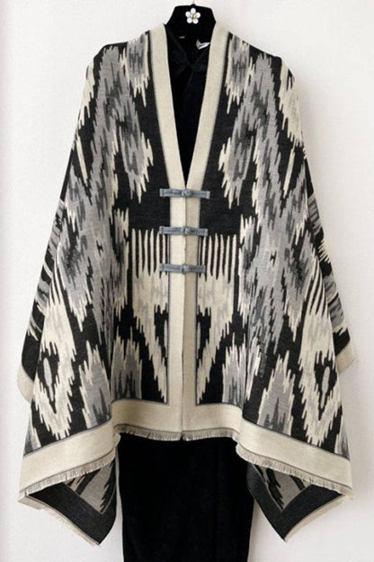 Print Toggle Front Cape Cardigan: WINE / One Size