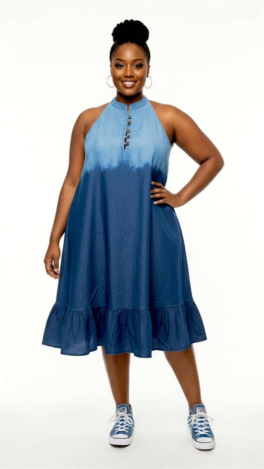 Haltered Neck Bottton Middi Dress 796 Two Tone  Denim: Plus Size( 1X- 2XL)