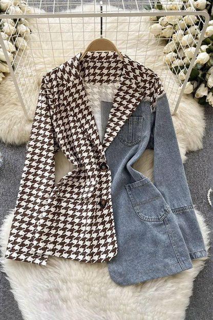 Two-Tone Houndstooth Denim Jacket