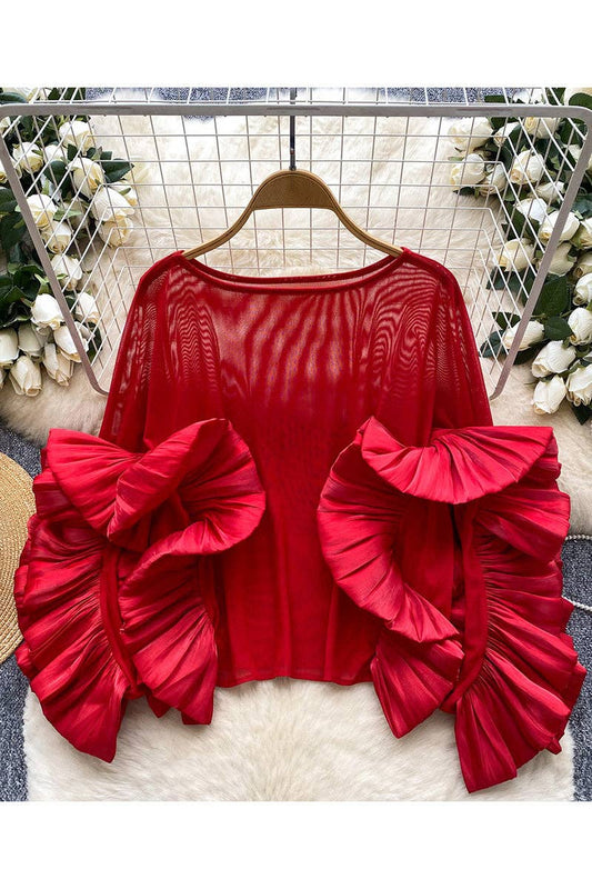 Ruffle Sleeve Statement Blouse: RED / One Size