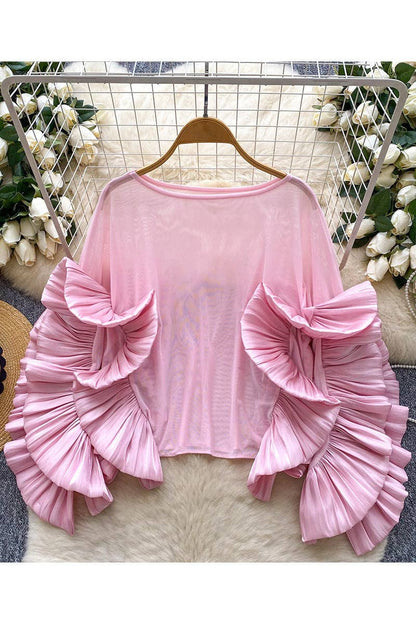 Ruffle Sleeve Statement Blouse: RED / One Size