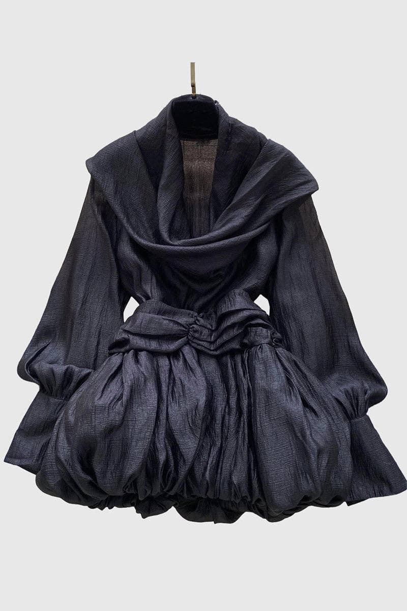 Draped Neck Casual Dress: BLACK / One Size