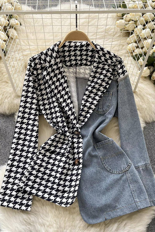Two-Tone Houndstooth Denim Jacket