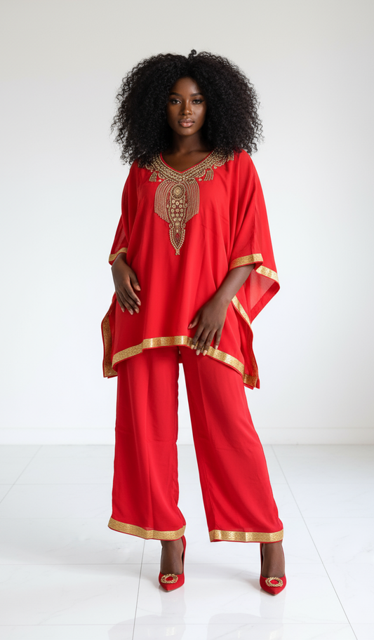 Kaftan Palazzo Set Red And Gold - kP05: Red/Gold