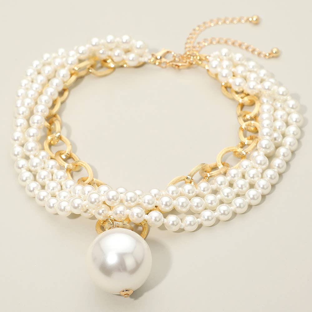 2PCS - Chunky Pearl Pendant Layered Pearl Beaded Strand Necklaces: White