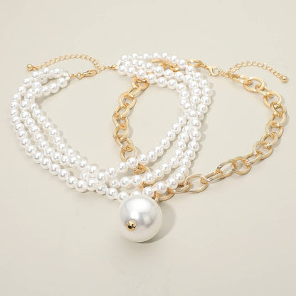 2PCS - Chunky Pearl Pendant Layered Pearl Beaded Strand Necklaces: White
