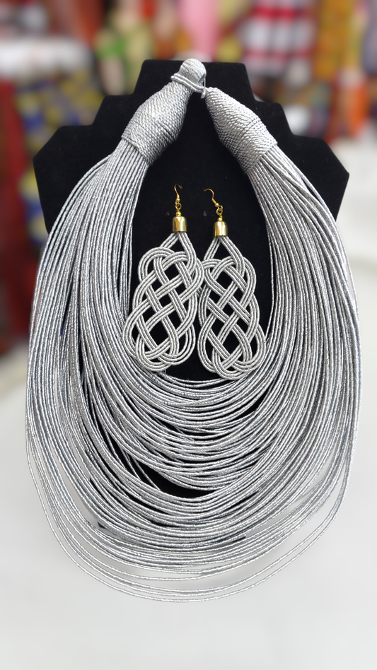 Rope Layered Necklace & Earrings Set Silver: Silver