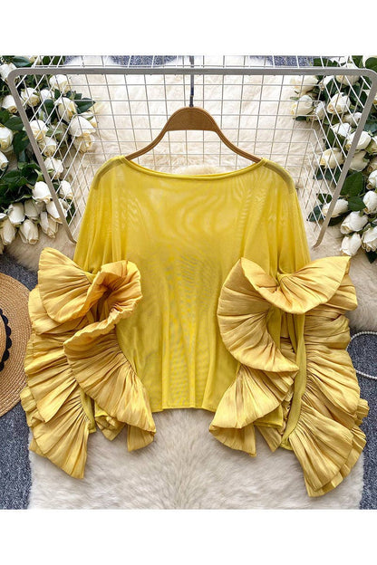 Ruffle Sleeve Statement Blouse: RED / One Size