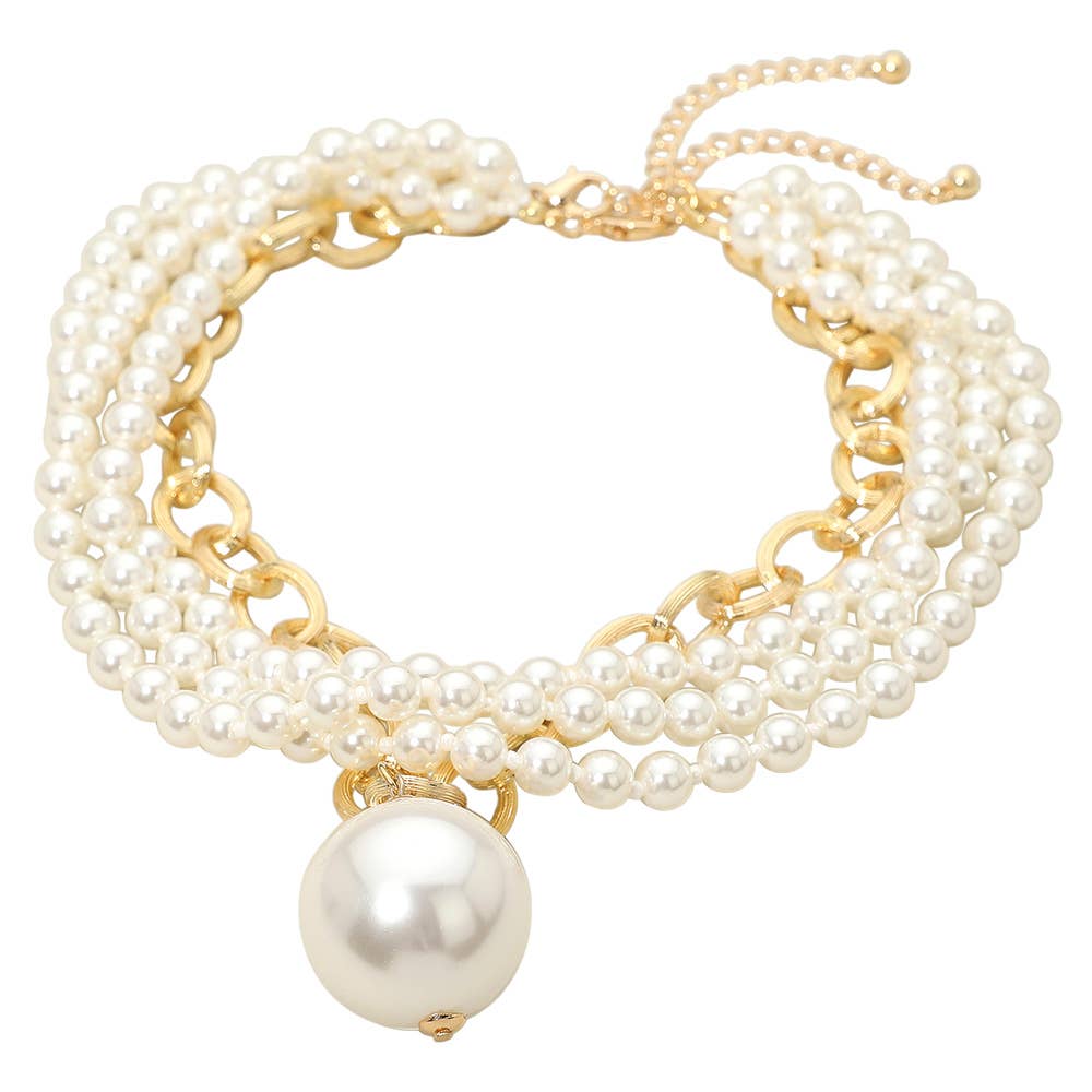 2PCS - Chunky Pearl Pendant Layered Pearl Beaded Strand Necklaces: White