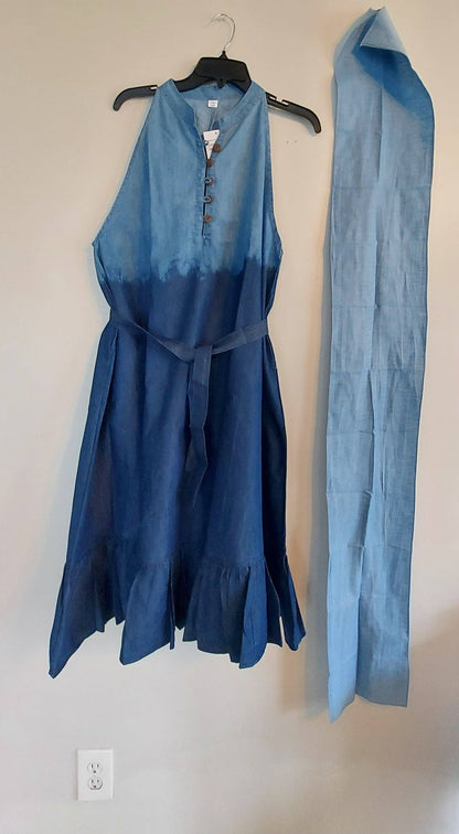 Haltered Neck Bottton Middi Dress 796 Two Tone  Denim: Plus Size( 1X- 2XL)