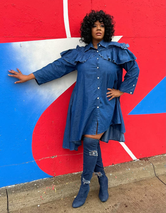 Ruffle Shoulder Denim Dress Shirt