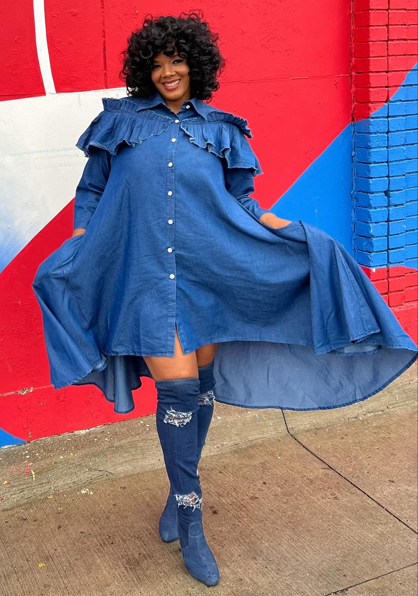 Ruffle Shoulder Denim Dress Shirt