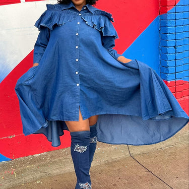 Ruffle Shoulder Denim Dress Shirt