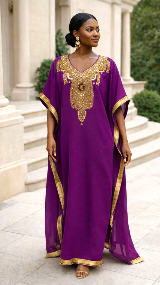 Beaded kaftan Dress With Gold Border - Eggplant: Eggplant