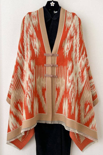Print Toggle Front Cape Cardigan: WINE / One Size