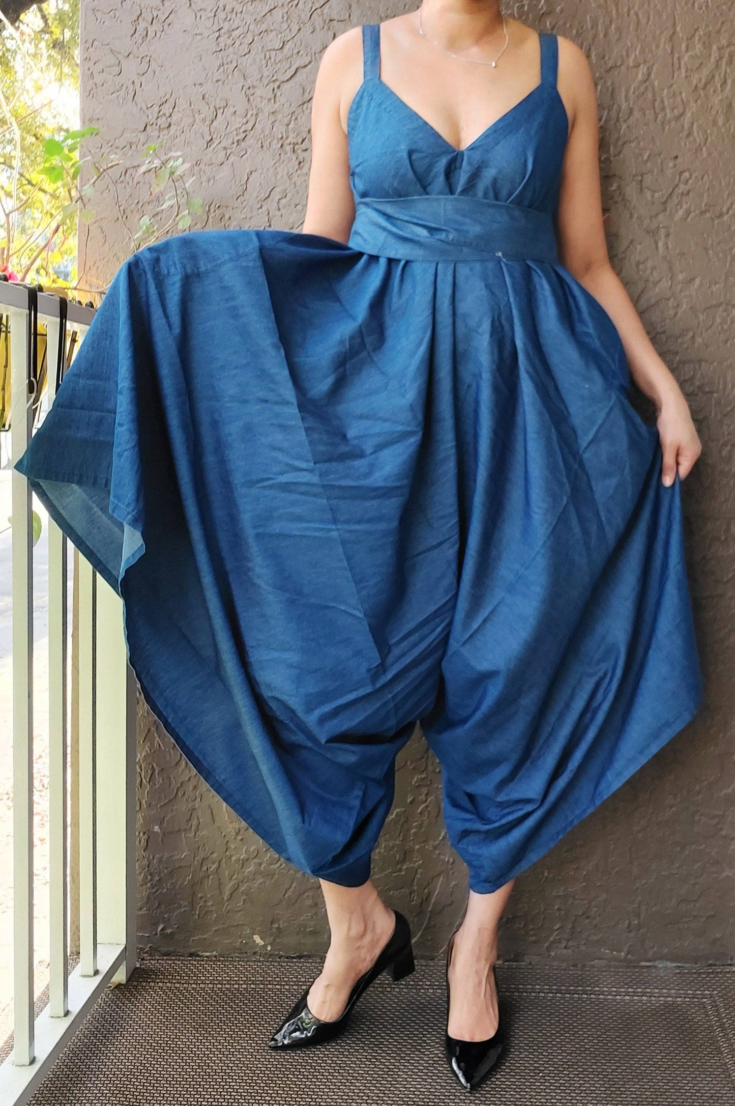 Harem Romper/Spagetti Straps/ Blue Denim - 212