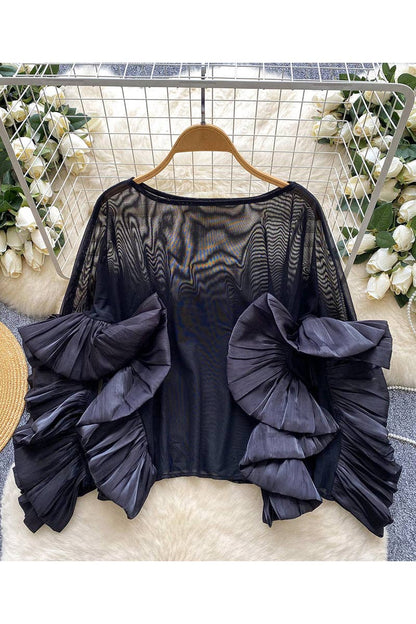 Ruffle Sleeve Statement Blouse: RED / One Size