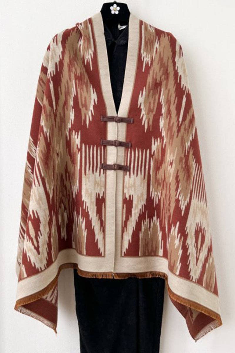 Print Toggle Front Cape Cardigan: WINE / One Size