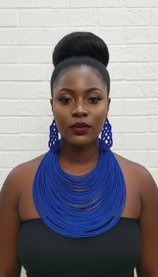 Rope Layered Necklace & Earrings Set Royal Blue: Royal blue