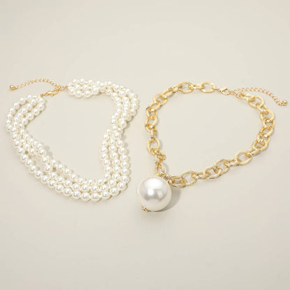 2PCS - Chunky Pearl Pendant Layered Pearl Beaded Strand Necklaces: White