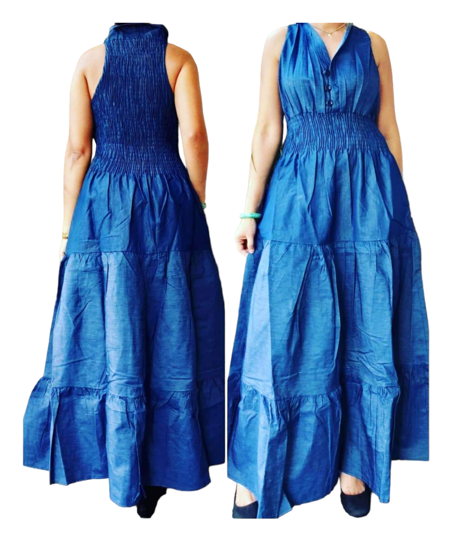 Long Denim Smocked Dress -Indigo Blue