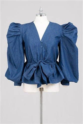 Women Ruched sleeves Bow Blouse - Blue Denim- 652D