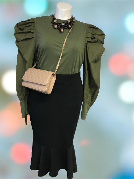 Ruched Poplin Sleeves Ribbed Top