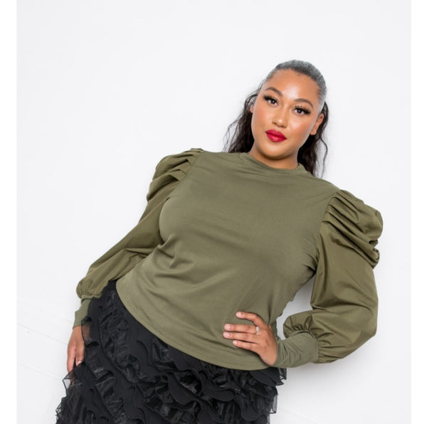 Ruched Poplin Sleeves Ribbed Top
